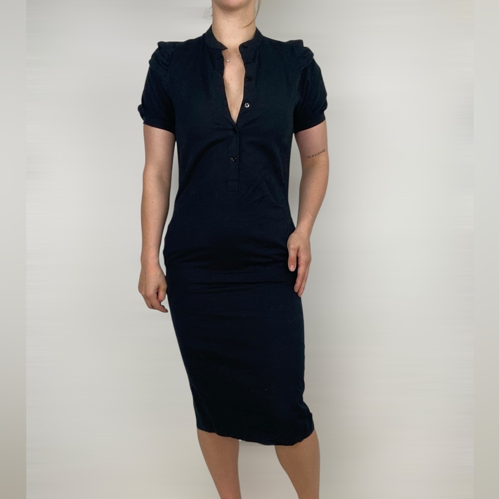 G. Label By Goop Puff Sleeve Pocket MIDI Dress in Black Button Down Sheath - Picture 2 of 10